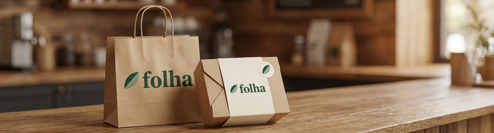 Kraft paper bag and fold-top box with a cream sleeve and seal sticker, all printed with the Folha logo, on a wooden restaurant counter