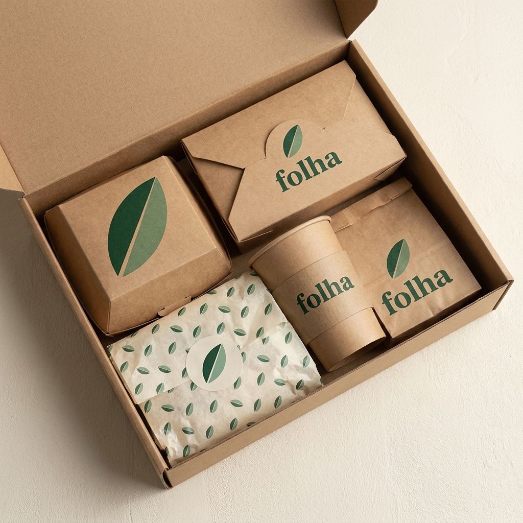 Open Folha sample kit laid flat showing a sleeve, seal stickers, a paper cup and a kraft box, all printed with the Folha logo