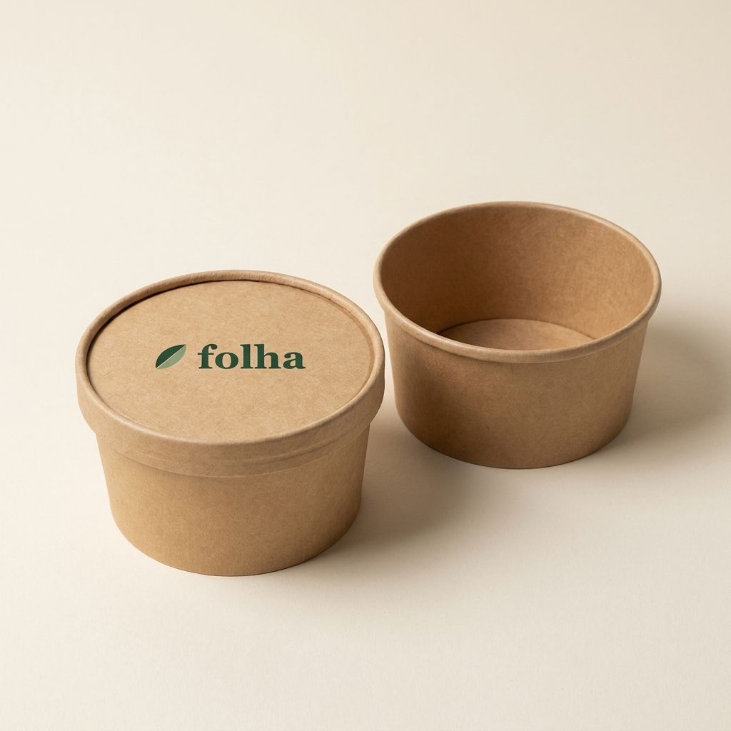 Kraft paper bowl with paper lid printed with the Folha logo, shown open and closed