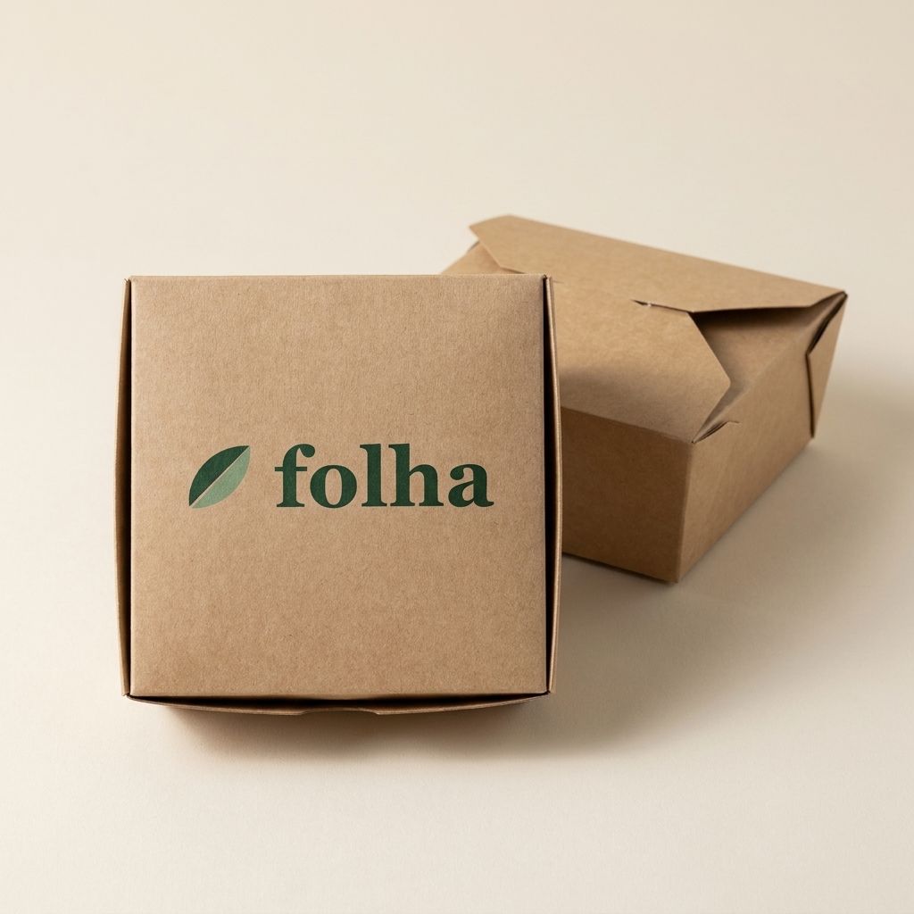 Kraft fold-top paper meal box with Folha branding