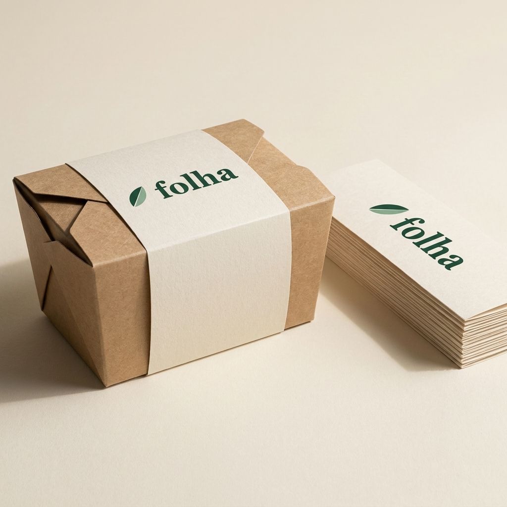 Folha cream paper sleeve wrapped around a kraft meal box beside a stack of sleeves