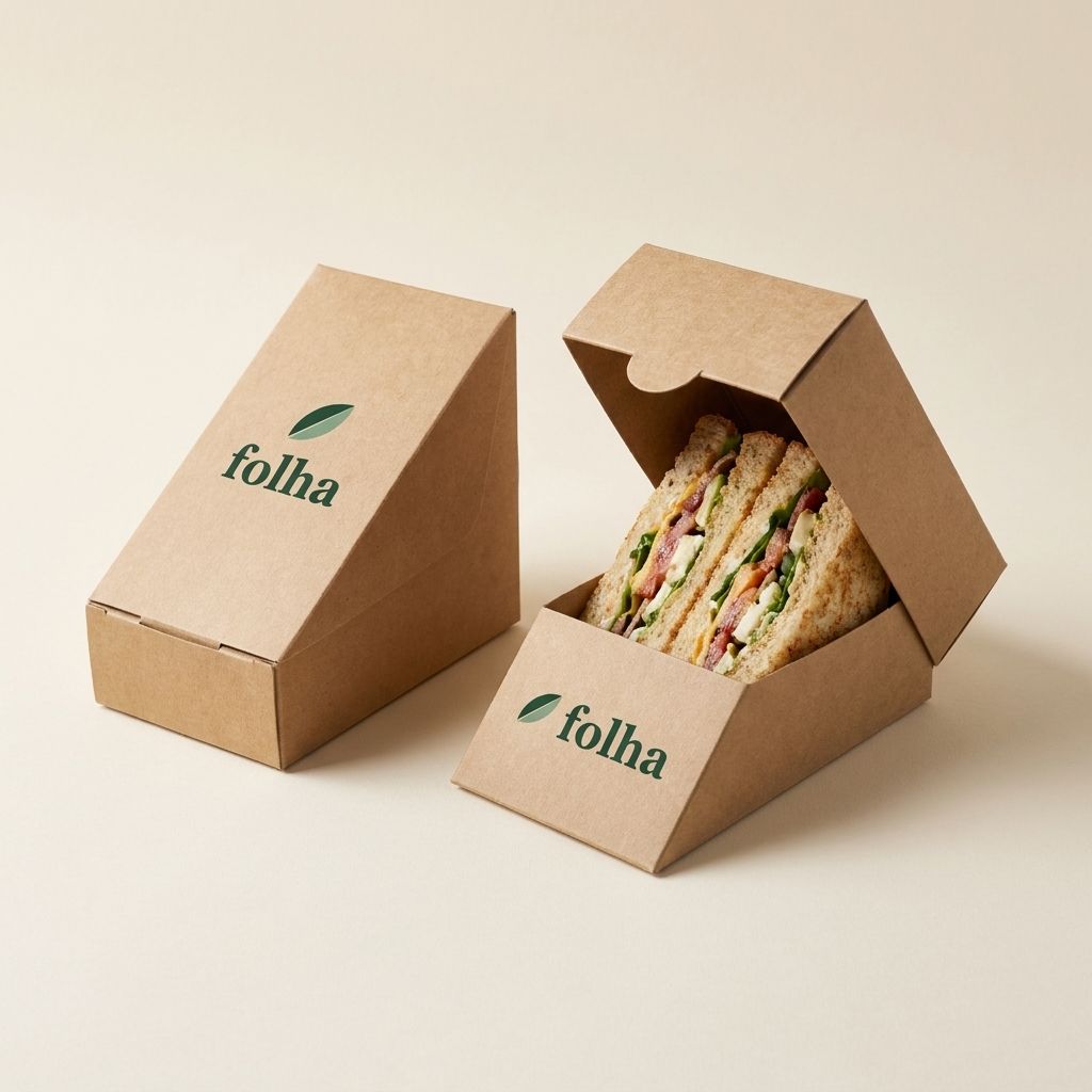 Kraft paper wedge sandwich boxes with the Folha logo, one holding a sandwich