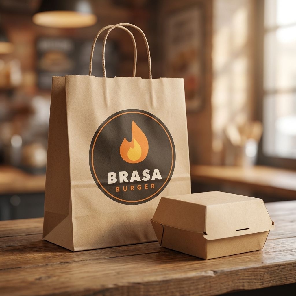 Kraft paper bag printed with the Brasa Burger logo next to a small clamshell box on a wooden counter