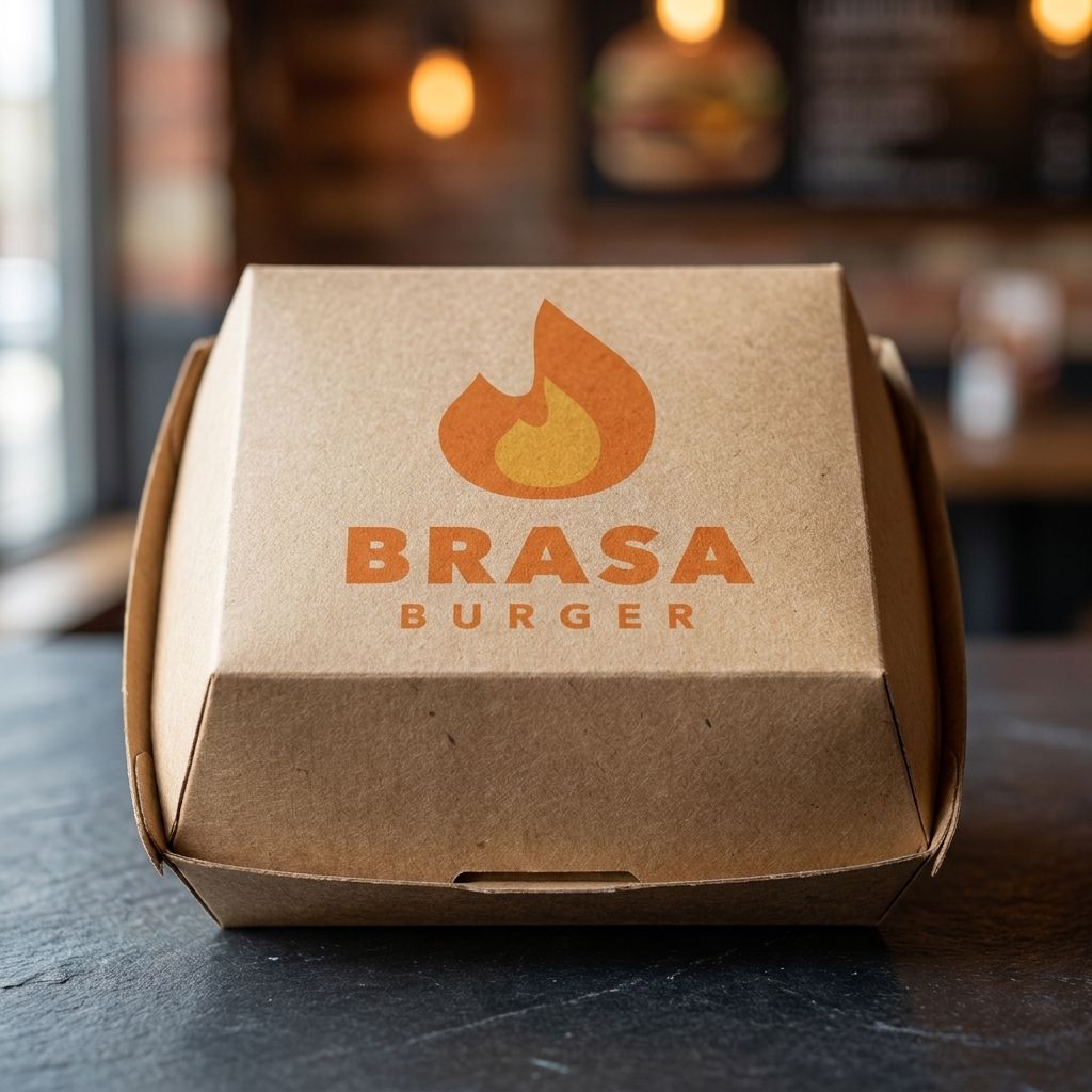 Kraft clamshell burger box printed with the orange flame logo of the fictional restaurant Brasa Burger, on a wooden restaurant table