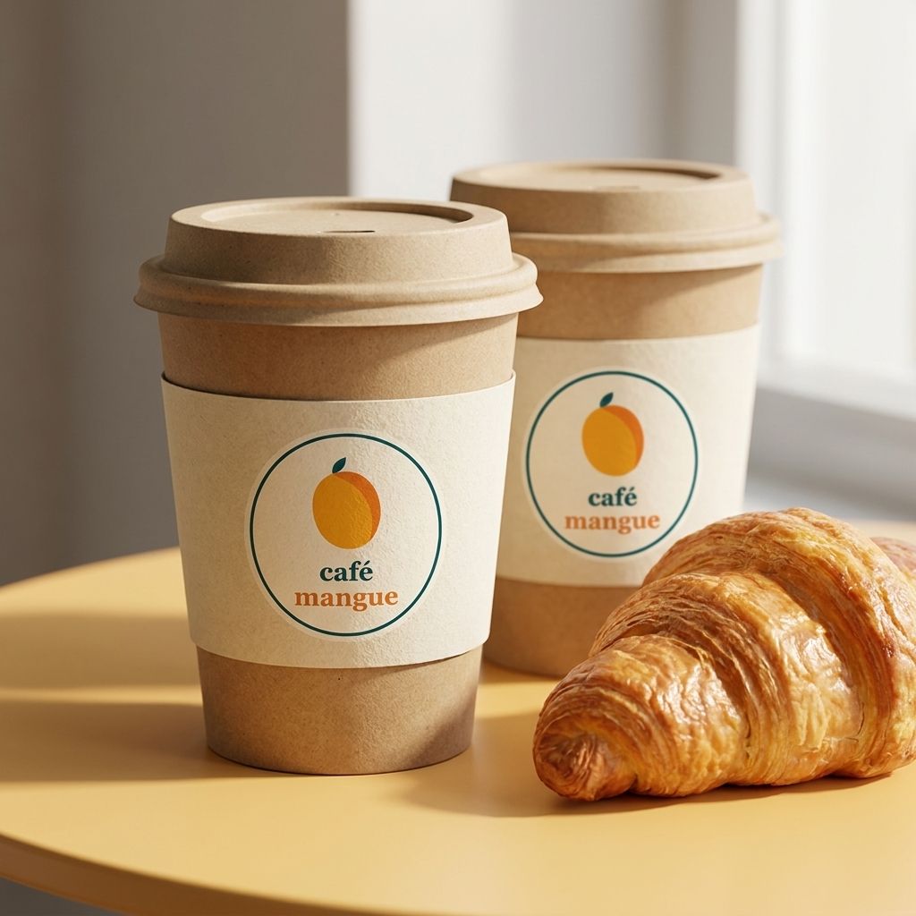 Two kraft hot cups with cream sleeves printed with the orange Café Mangue logo beside a croissant