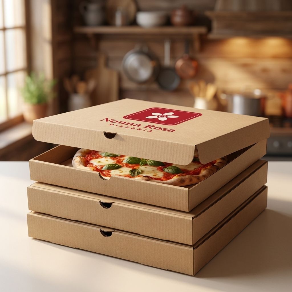 Stack of kraft pizza boxes printed with the red Nonna Rosa Pizzeria logo, top box open showing a pizza