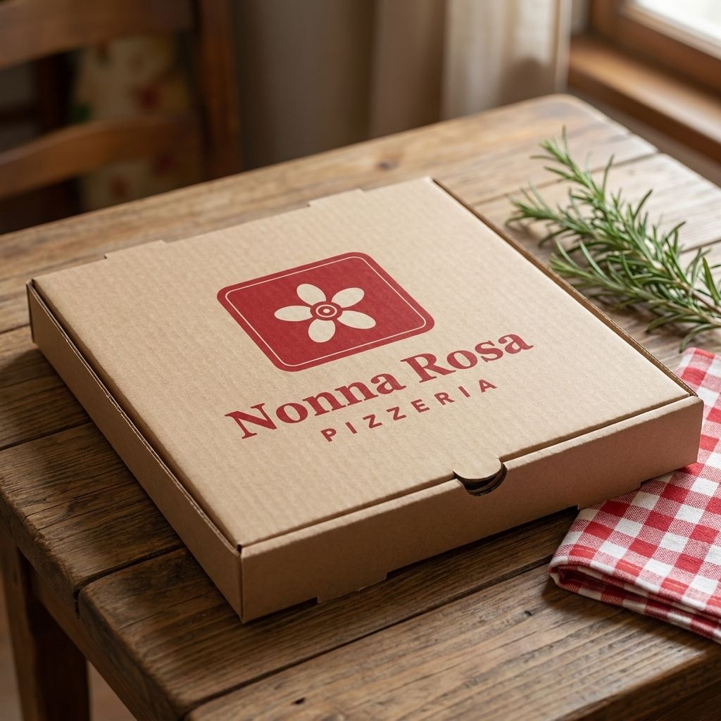Single kraft pizza box with the Nonna Rosa Pizzeria logo on a rustic table with a checkered cloth