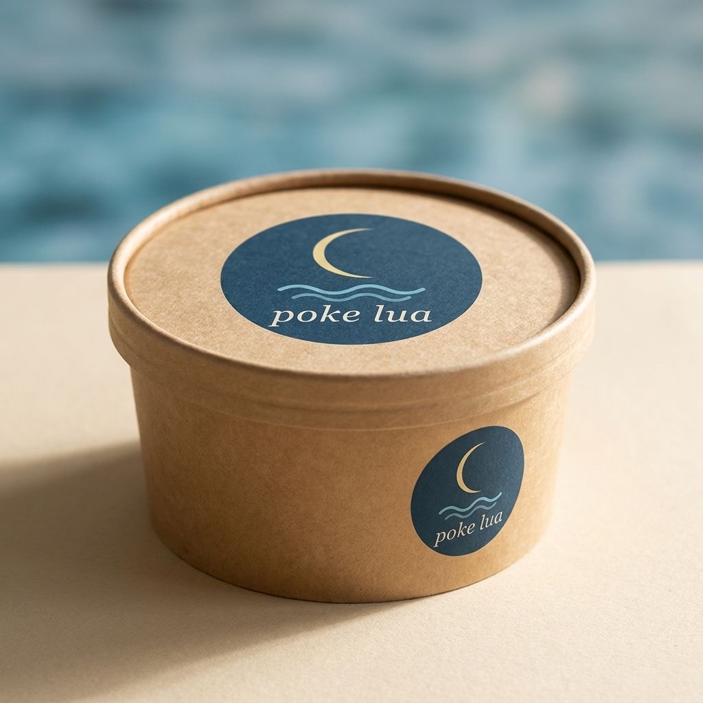 Closed kraft paper bowl with a navy Poke Lua moon logo sticker on the lid
