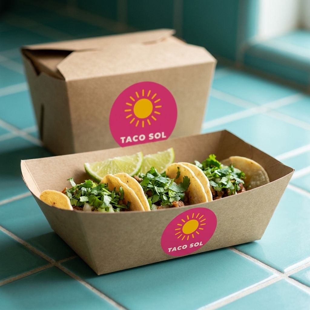 Kraft taco tray holding tacos next to a fold-top box, both with the Taco Sol sun logo
